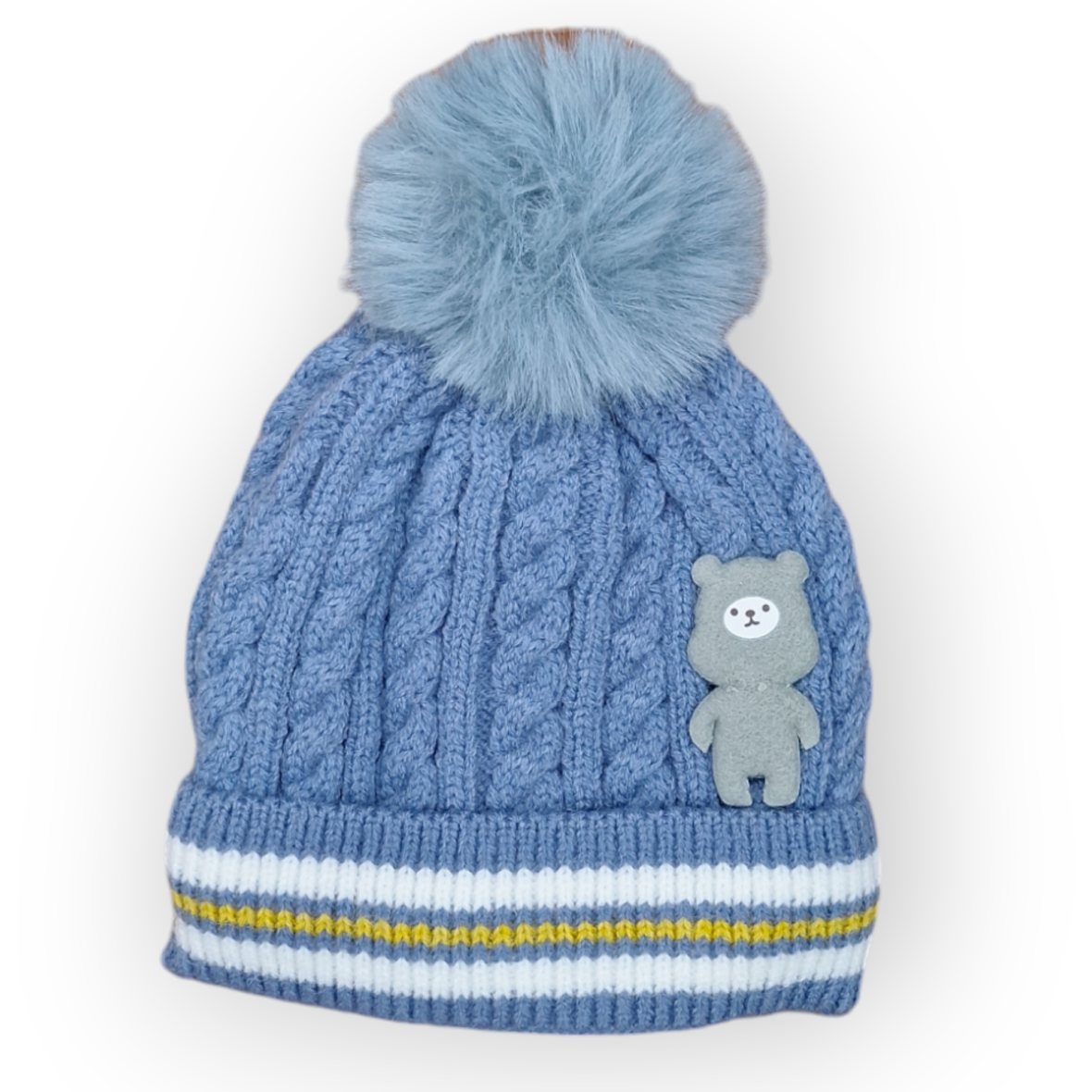 Adorable Blue Knit Pom-Pom Baby Beanie with Teddy Bear Design