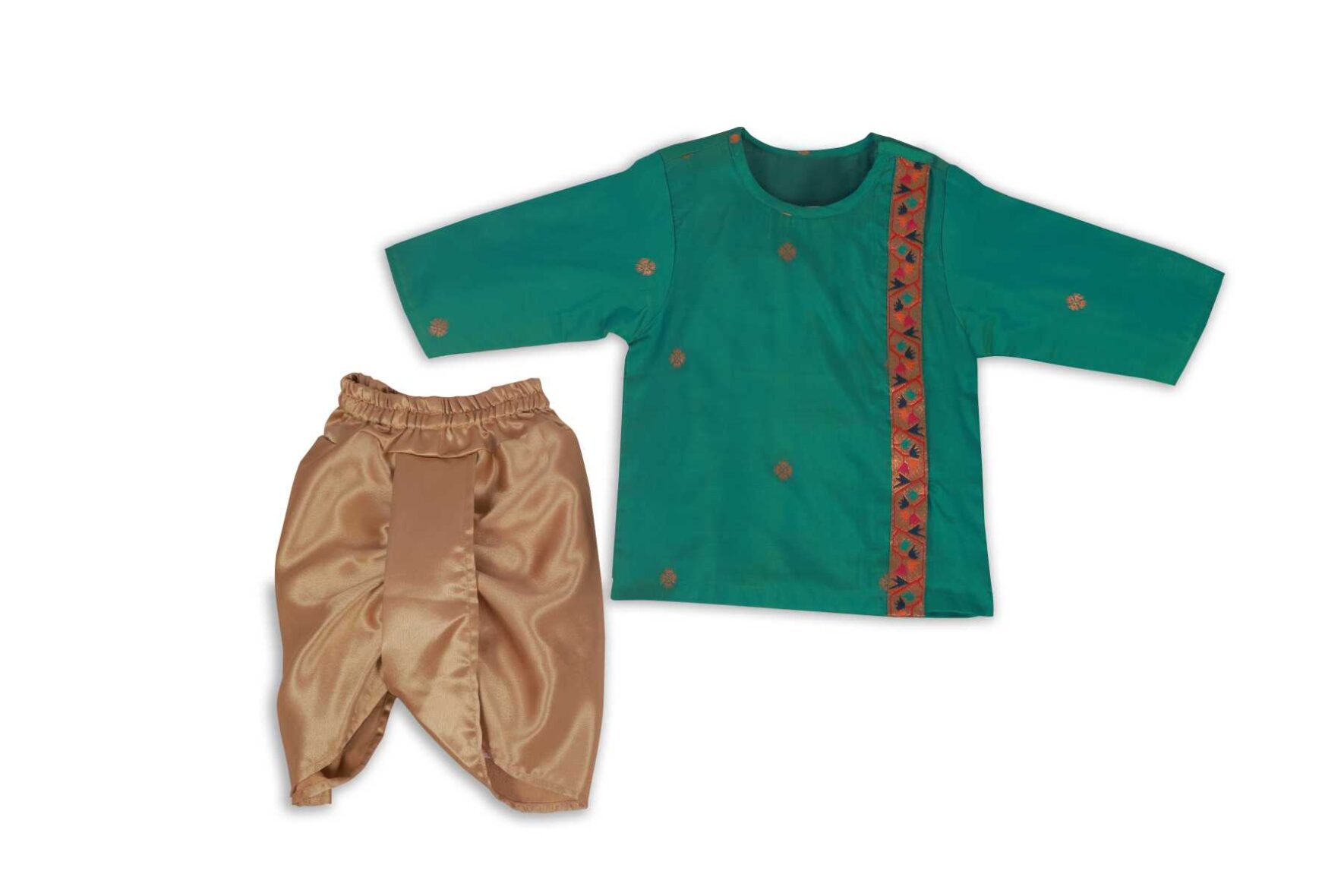 Traditional Light Green Kurta and Golden Dhoti Set for Boys
