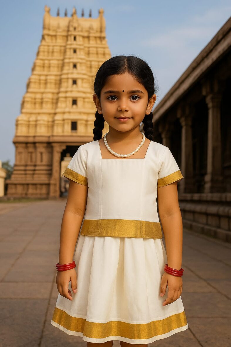 Kids Kerala Pattu Pavadai – Cream & Gold Traditional Festive Wear