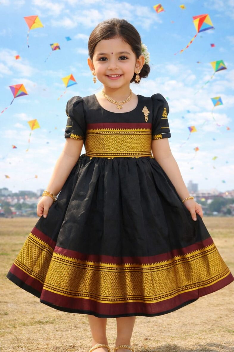 Traditional Black & Gold Pattu Frock for Girls-Festive & Makar Sankranti Special Ethnic Wear