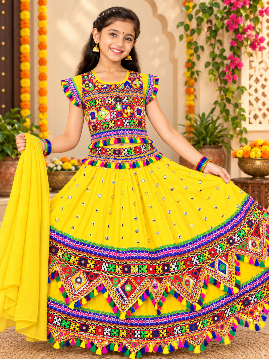 Girls Yellow Traditional Ghagra Choli with Dupatta – Multicolor Embroidered Festive Wear